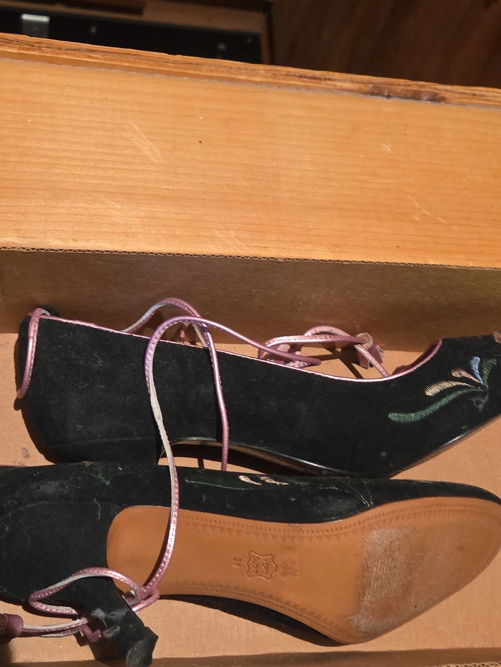 Black Suede Embroidered Heels with Pink Lace-Up Straps
